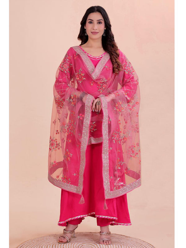 Pink Women's Net Dupatta suitable for Navratri, Diwali & All Occasions