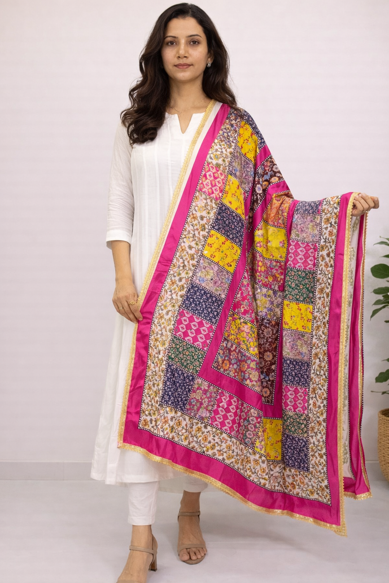 Pink Multicolor Floral Patchwork Designer Dupatta DB3021