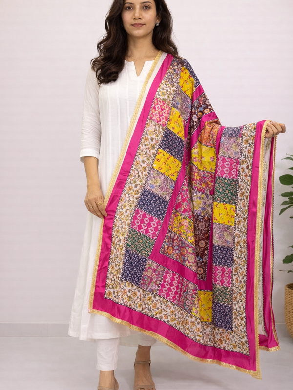 Pink Multicolor Floral Patchwork Designer Dupatta DB3021