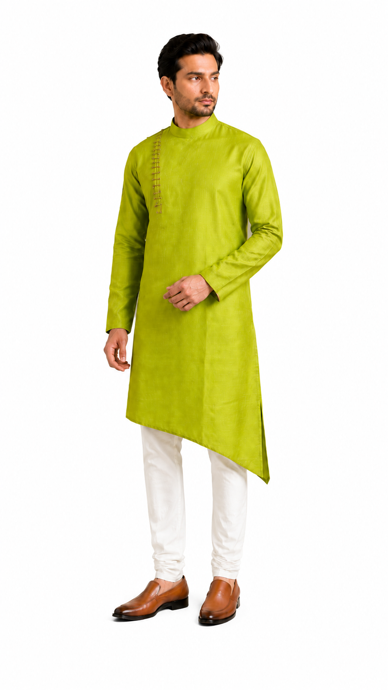 DESI BUTIK Mens Green Asymmetric Kurta Set