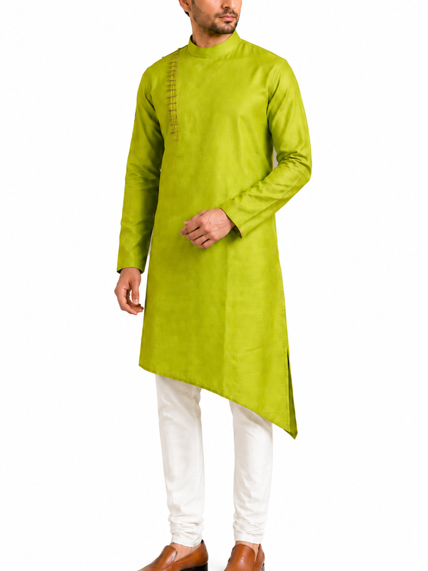 DESI BUTIK Mens Green Asymmetric Kurta Set