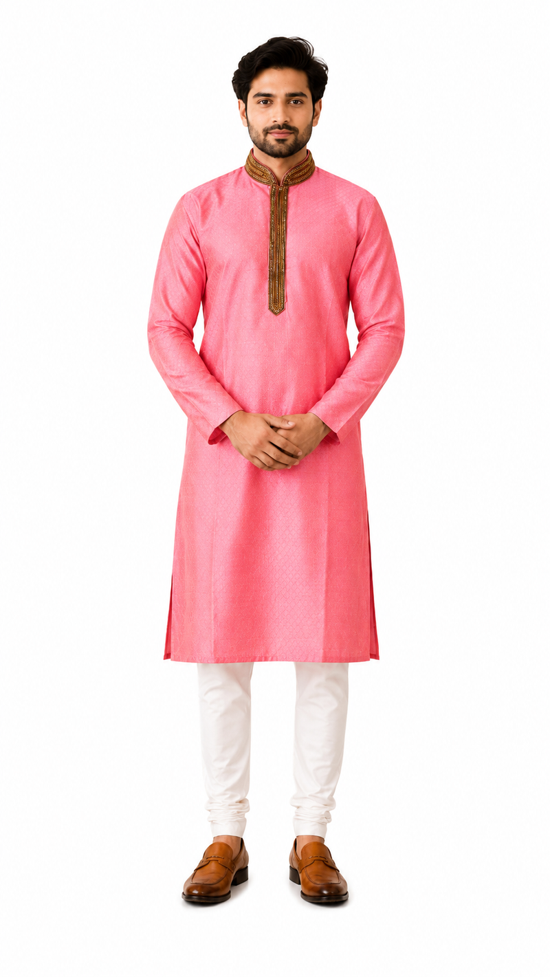 DESI BUTIK Men's Pink Embroidered Kurta Set