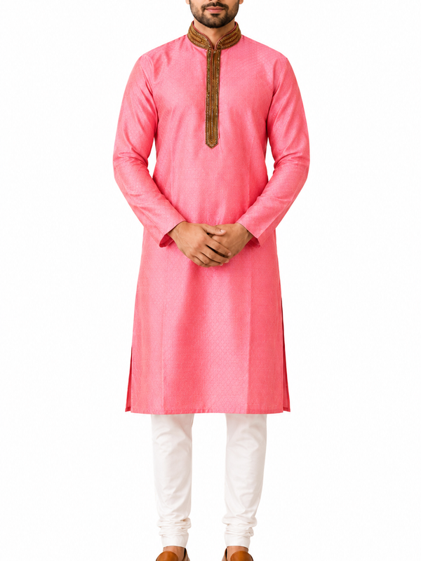 DESI BUTIK Men's Pink Embroidered Kurta Set