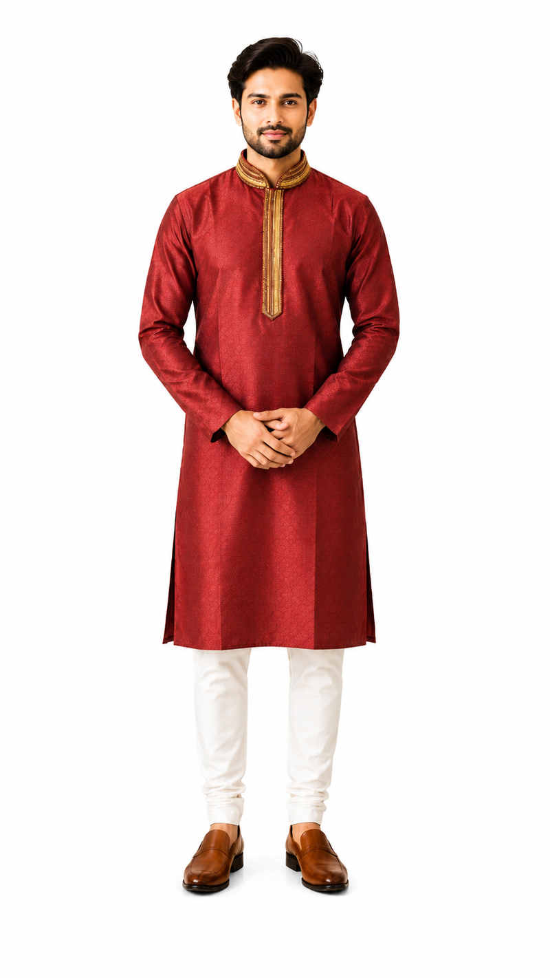 DESI BUTIK Men's Marron Jacquard Kurta Set