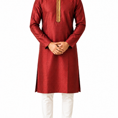 DESI BUTIK Men's Marron Jacquard Kurta Set
