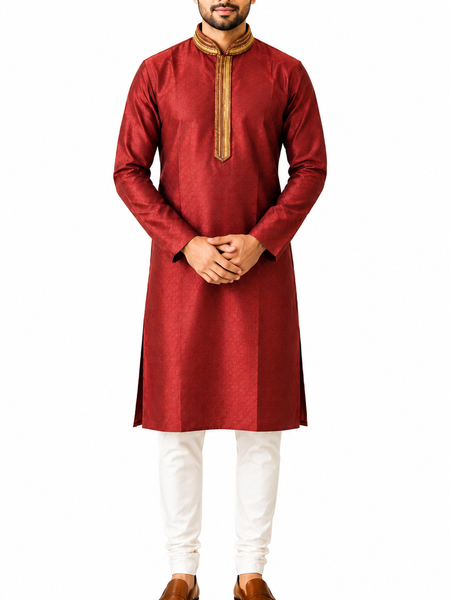 DESI BUTIK Men's Marron Jacquard Kurta Set