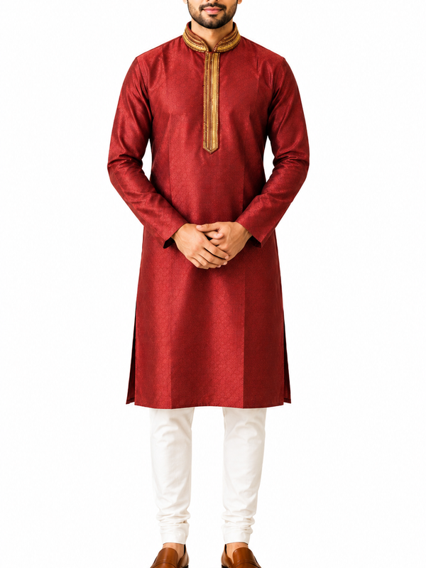 DESI BUTIK Men's Marron Jacquard Kurta Set