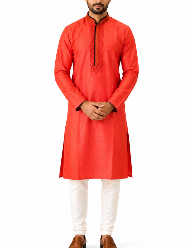 DESI BUTIK Men's Orange Embroidered Kurta Set