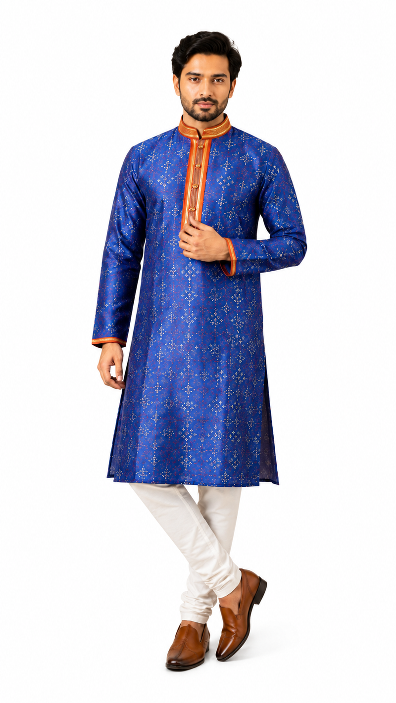DESI BUTIK Men's Blue Printed  Kurta Set