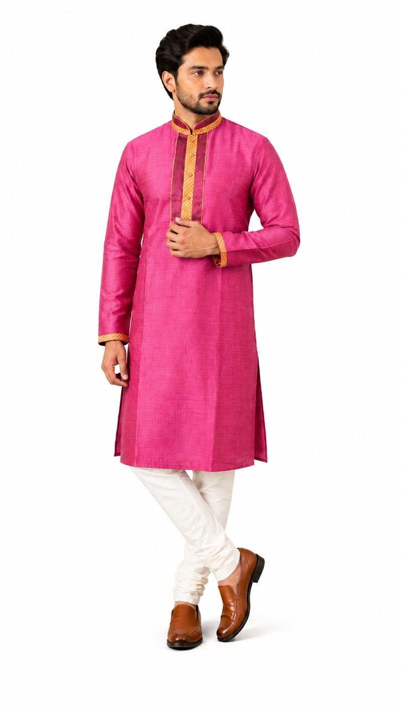 DESI BUTIK Men's Pink Jacquard  Kurta Set