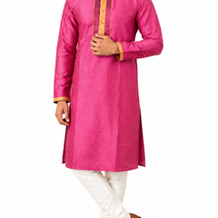 DESI BUTIK Men's Pink Jacquard  Kurta Set