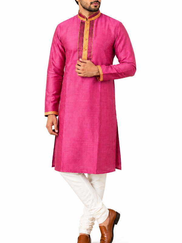 DESI BUTIK Men's Pink Jacquard  Kurta Set