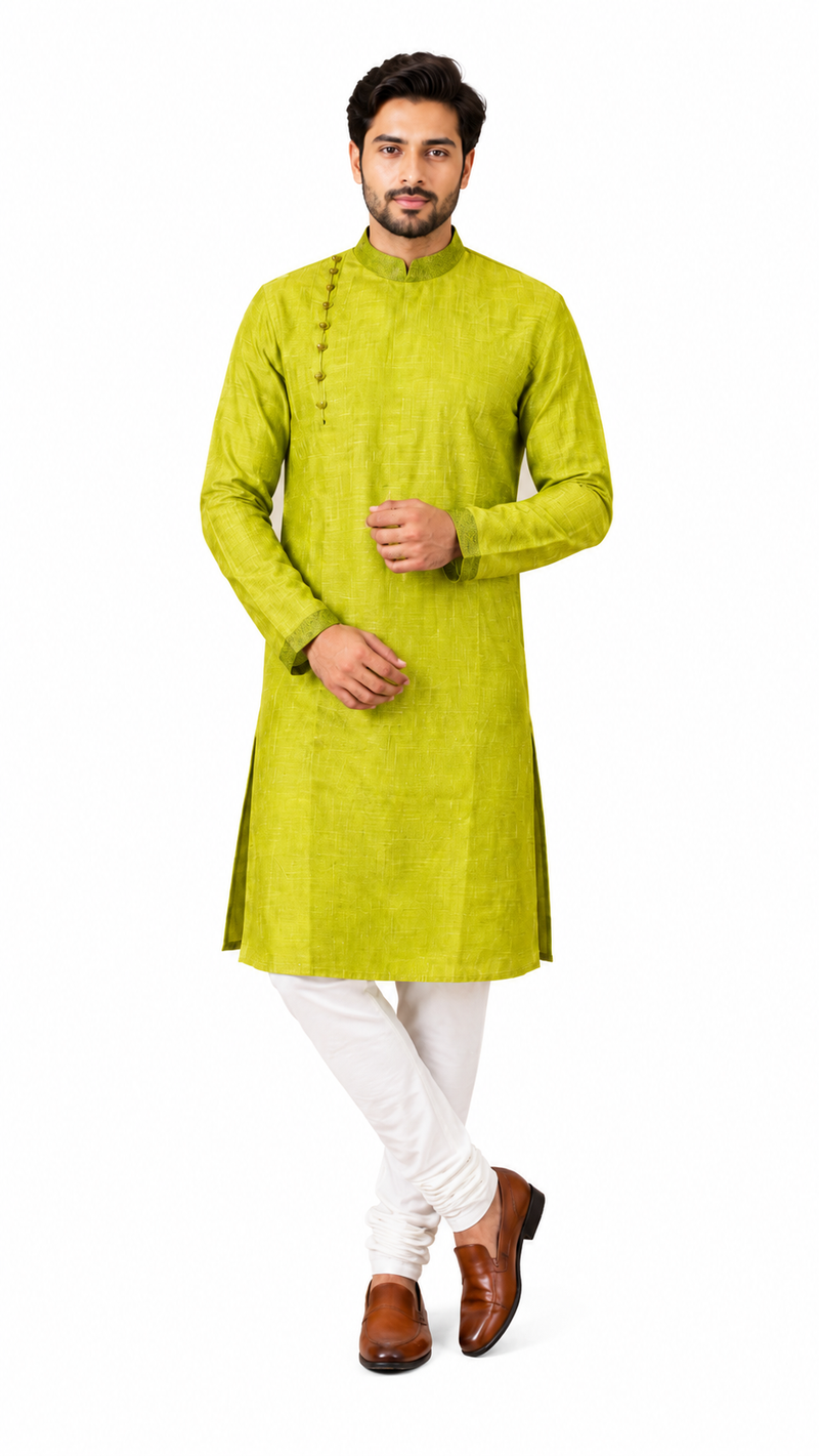 DESI BUTIK Men's Green Texture Kurta Set