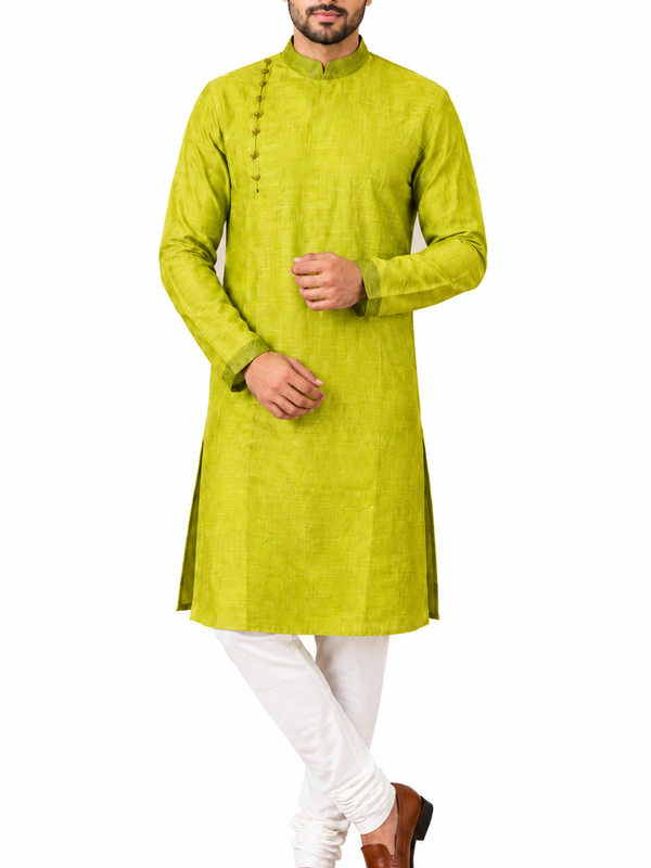 DESI BUTIK Men's Green Texture Kurta Set