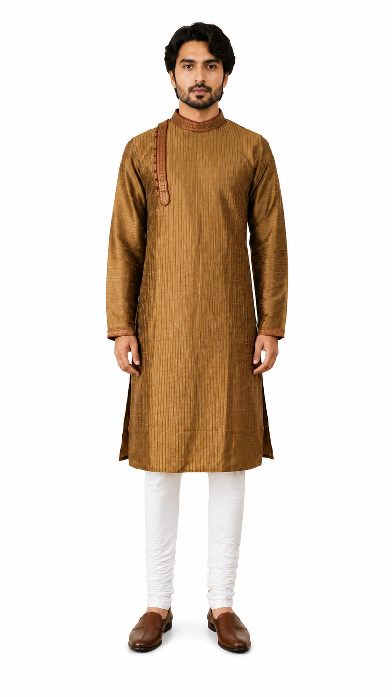 DESI BUTIK Men's Golden Textured  Kurta Set