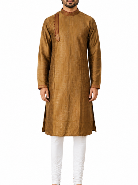 DESI BUTIK Men's Golden Textured  Kurta Set