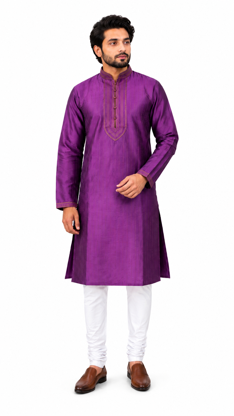DESI BUTIK Men's Printed Purple Kurta Set
