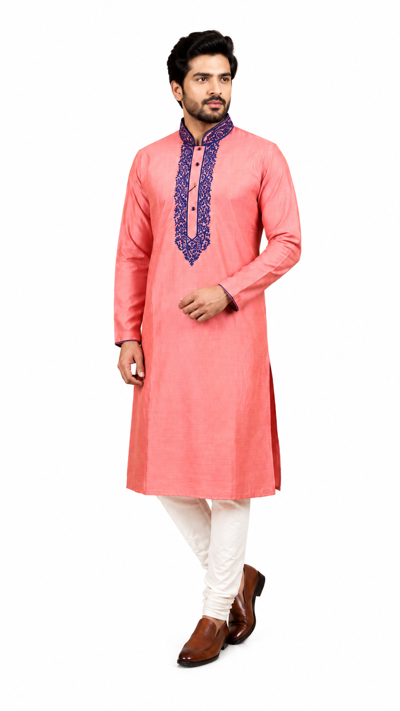 DESI BUTIK Men's Pink Embroidered Kurta Set