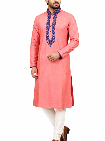 DESI BUTIK Men's Pink Embroidered Kurta Set