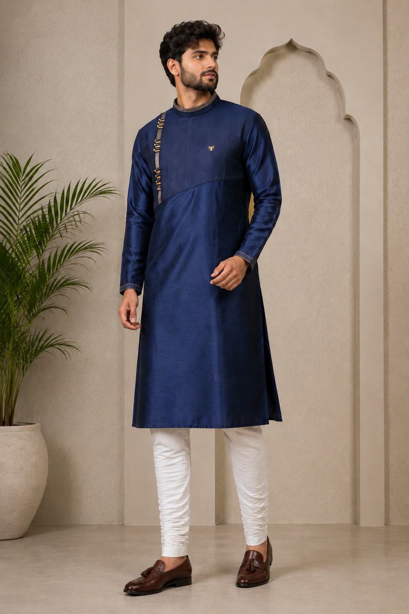 DESI BUTIK Men’s Navy Blue Asymmetric Designer Kurta With Churidar