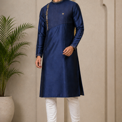 DESI BUTIK Men’s Navy Blue Asymmetric Designer Kurta With Churidar