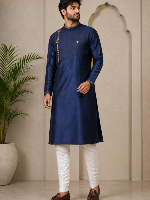 DESI BUTIK Men’s Navy Blue Asymmetric Designer Kurta With Churidar
