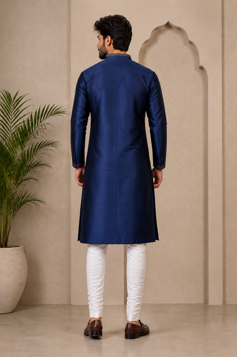 DESI BUTIK Men’s Navy Blue Asymmetric Designer Kurta With Churidar