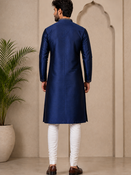 DESI BUTIK Men’s Navy Blue Asymmetric Designer Kurta With Churidar