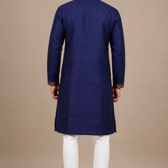 DESI BUTIK Men’s Navy Blue Embroidered Straight Kurta with White Churidar