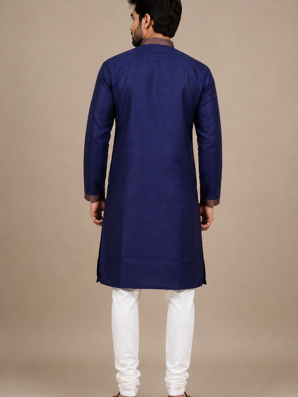 DESI BUTIK Men’s Navy Blue Embroidered Straight Kurta with White Churidar