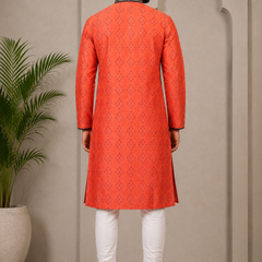DESI BUTIK Men’s Red Printed Straight Kurta with White Churidar