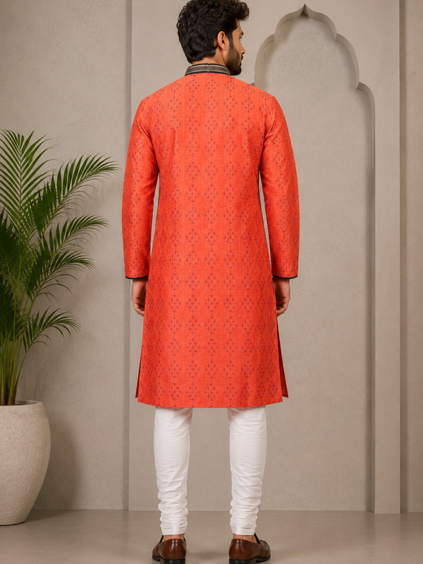 DESI BUTIK Men’s Red Printed Straight Kurta with White Churidar