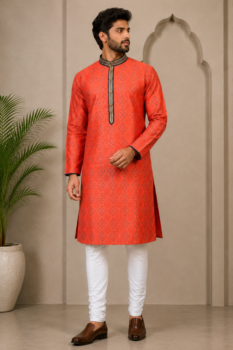 DESI BUTIK Men’s Red Printed Straight Kurta with White Churidar