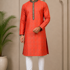 DESI BUTIK Men’s Red Printed Straight Kurta with White Churidar