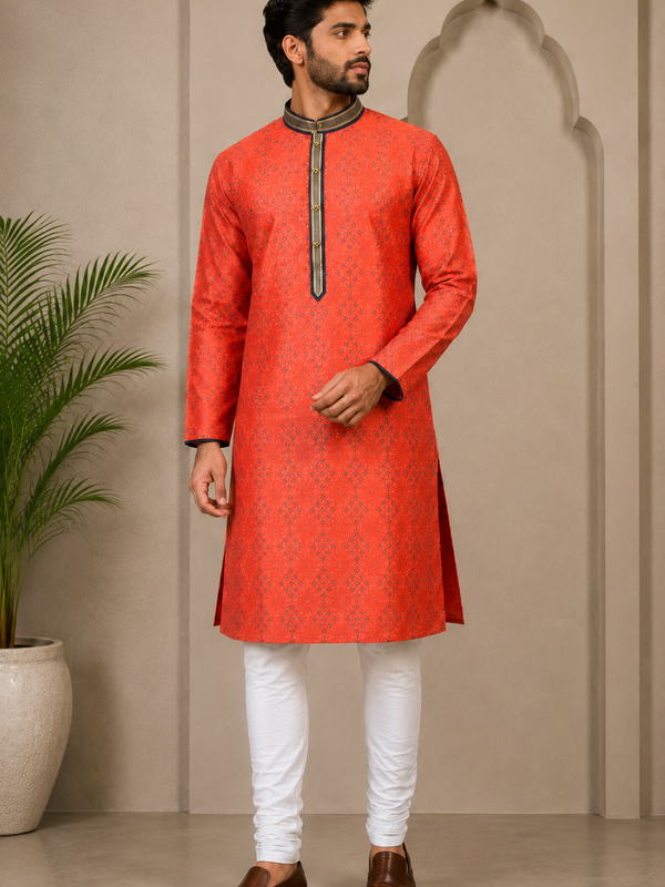 DESI BUTIK Men’s Red Printed Straight Kurta with White Churidar