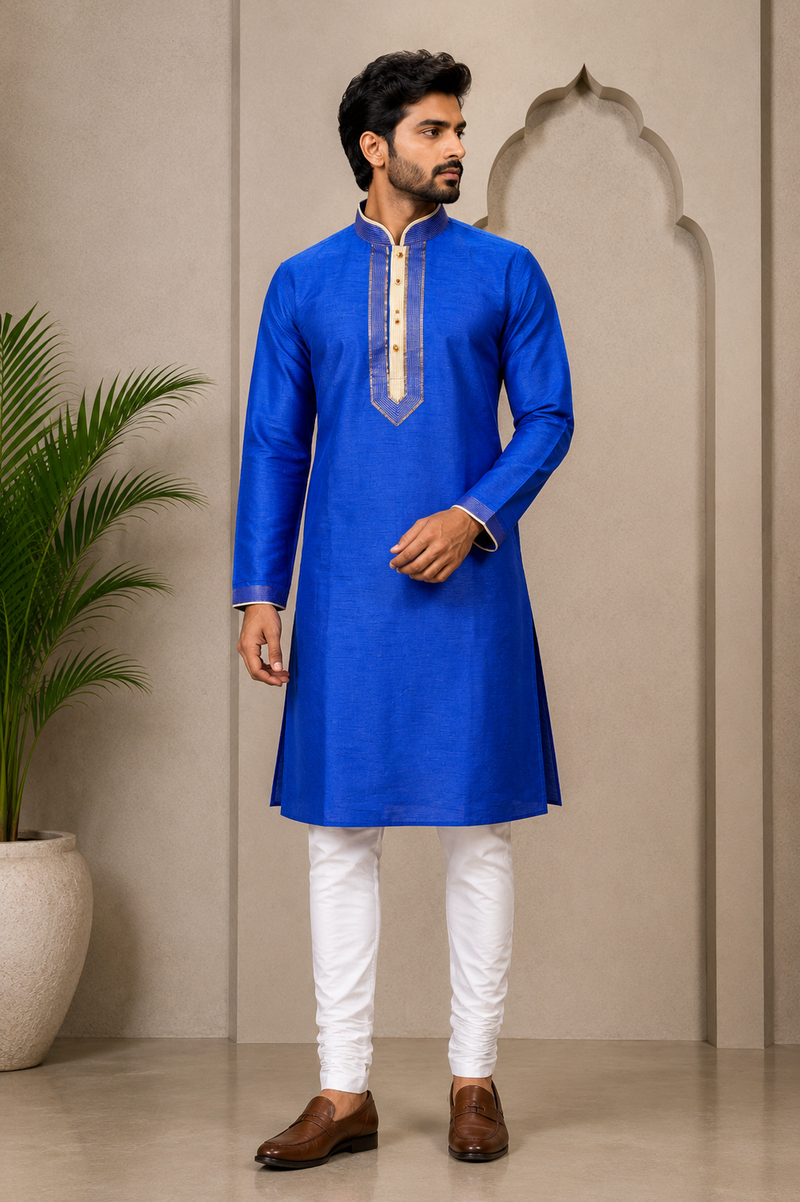 DESI BUTIK Men’s Royal Blue Straight Kurta with White Churidar