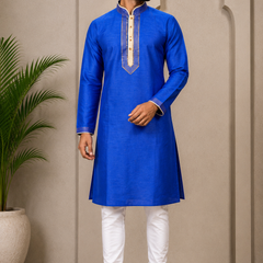 DESI BUTIK Men’s Royal Blue Straight Kurta with White Churidar