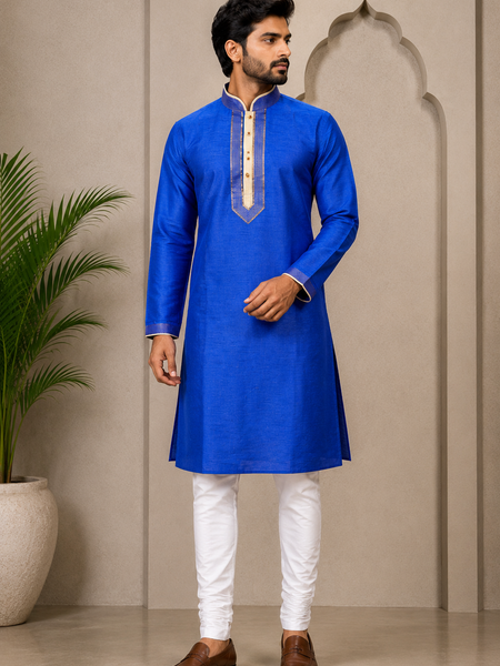 DESI BUTIK Men’s Royal Blue Straight Kurta with White Churidar