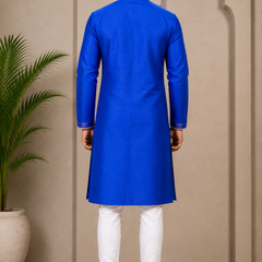 DESI BUTIK Men’s Royal Blue Straight Kurta with White Churidar