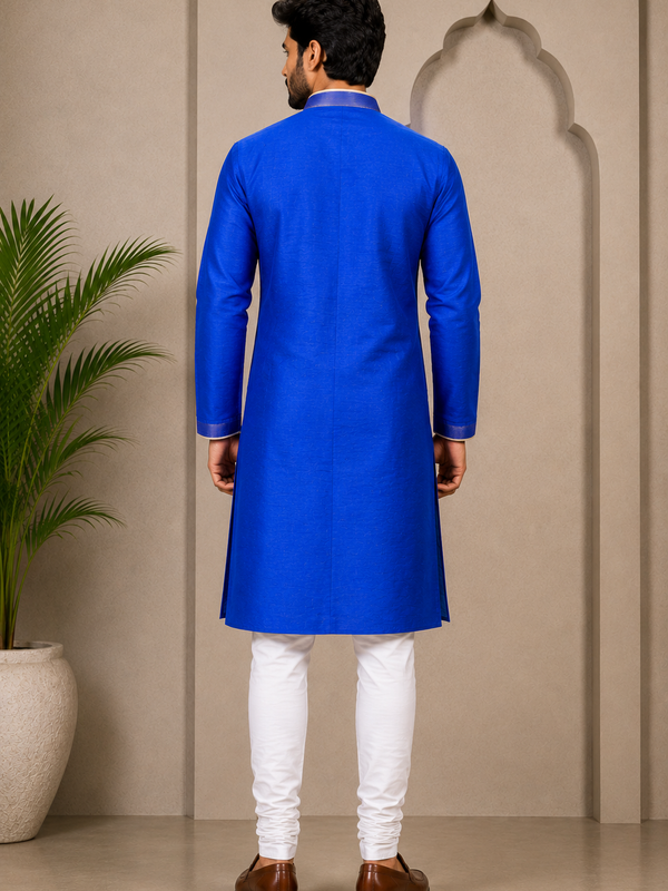 DESI BUTIK Men’s Royal Blue Straight Kurta with White Churidar