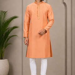 DESI BUTIK Men’s Peach Jacquard Straight Kurta with White Churidar