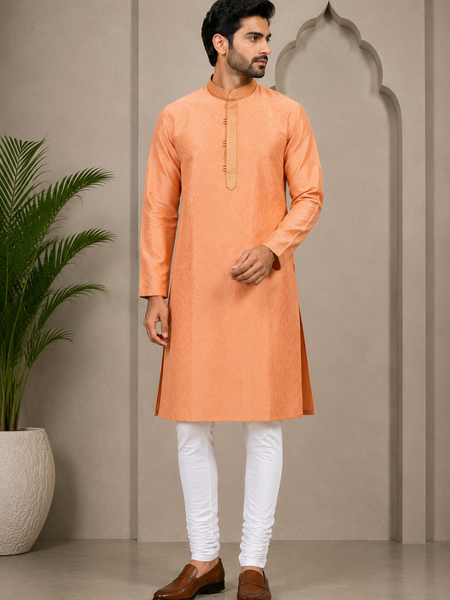 DESI BUTIK Men’s Peach Jacquard Straight Kurta with White Churidar