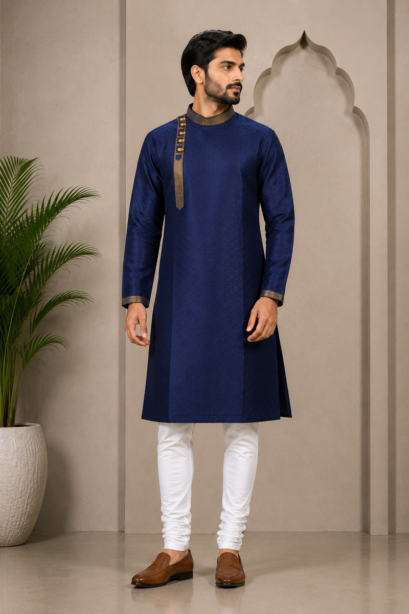 DESI BUTIK Men’s Navy Blue Jacquard Straight Kurta with White Churidar