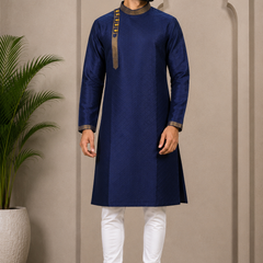 DESI BUTIK Men’s Navy Blue Jacquard Straight Kurta with White Churidar