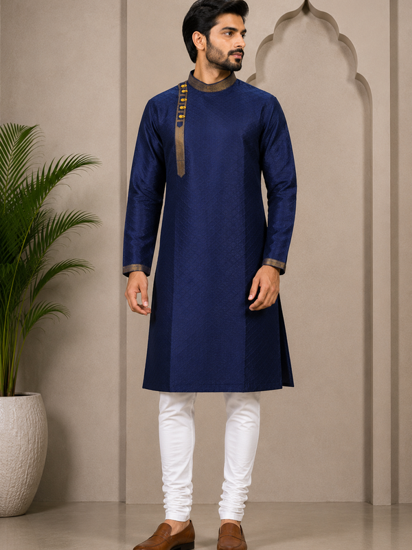DESI BUTIK Men’s Navy Blue Jacquard Straight Kurta with White Churidar