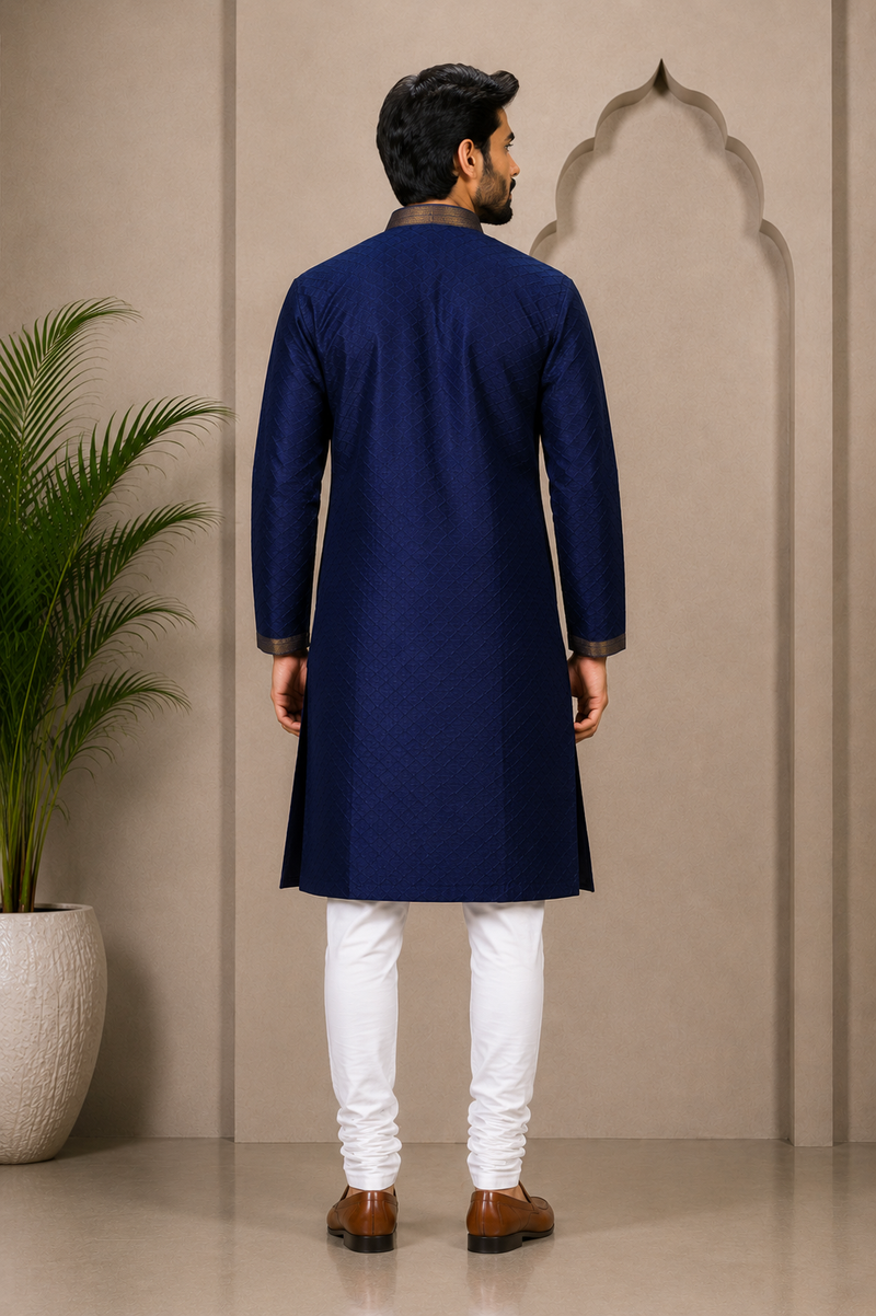 DESI BUTIK Men’s Navy Blue Jacquard Straight Kurta with White Churidar