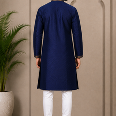 DESI BUTIK Men’s Navy Blue Jacquard Straight Kurta with White Churidar
