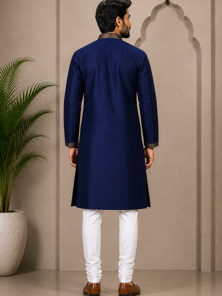 DESI BUTIK Men’s Navy Blue Jacquard Straight Kurta with White Churidar