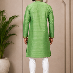 DESI BUTIK Men’s Green Embroidered Kurta with White Churidar Pant