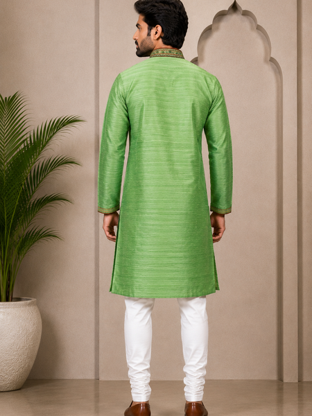 DESI BUTIK Men’s Green Embroidered Kurta with White Churidar Pant